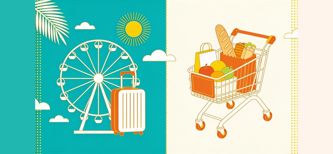 Baromètre Tempeos 2026 : à gauche l'évasion (grande roue, valise, soleil), à droite un caddie de courses rempli — envie de loisirs vs pouvoir d'achat des salariés
